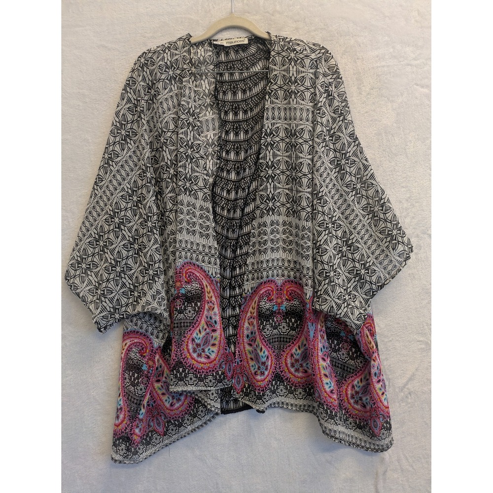 Maurice's Womens Plus Size 2/3 Black White Pink Paisley Kimono Cardigan Bohemian